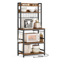 VASAGLE Bakers Rack with Power Outlet, Microwave Stand, Kitchen Tall Utility Storage Shelf, with Metal Wire Panel, 14 Hooks, 15.7 x 23.6 x 66.9 Inches, Rustic Brown and Ink Black UKKS037B01