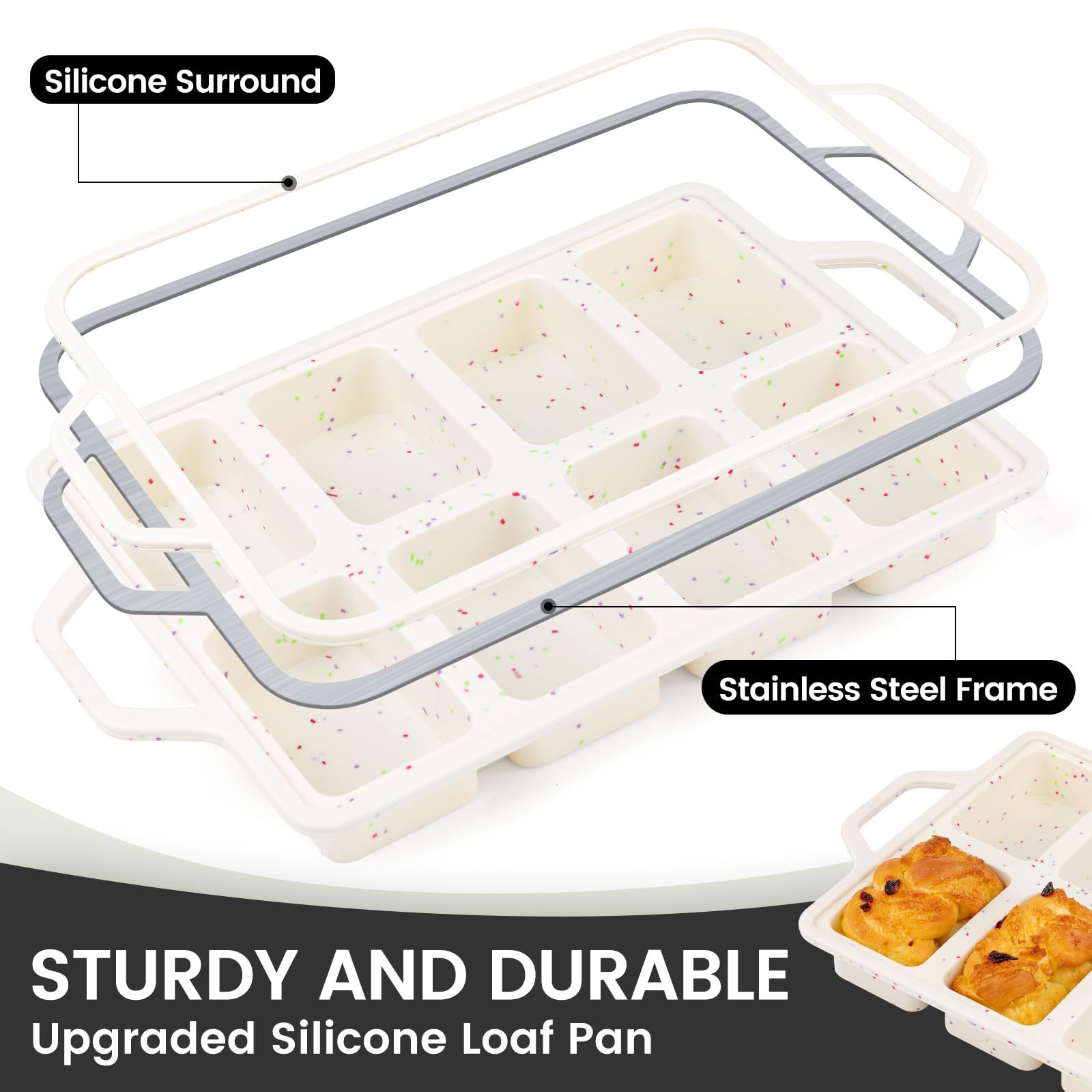 Vinino 2 Pack Mini Silicone Loaf Pans with Metal Reinforced Frame, 8-Cavity