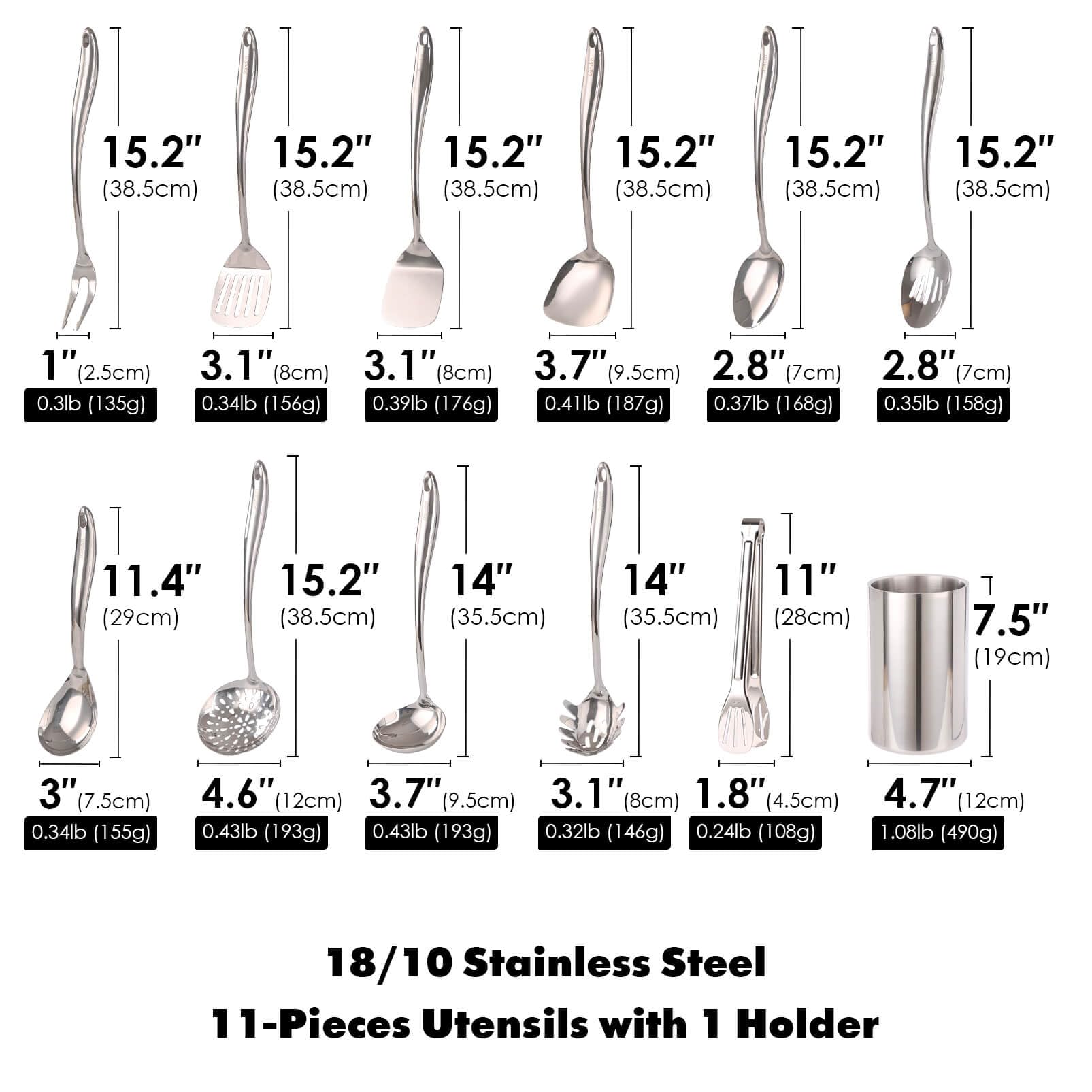 18/10 Stainless Steel Kitchen Utensils Set with Holder for Countertop