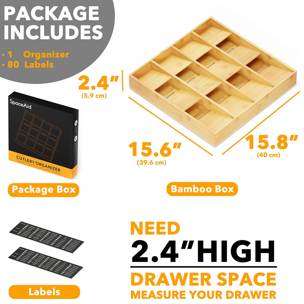 SpaceAid Bamboo Silverware Drawer Organizer with Labels, Kitchen Utensil Tray Holder Organizer for Flatware, Cutlery, Spoon and Knives Drawer Storage Organization (12 Slots)