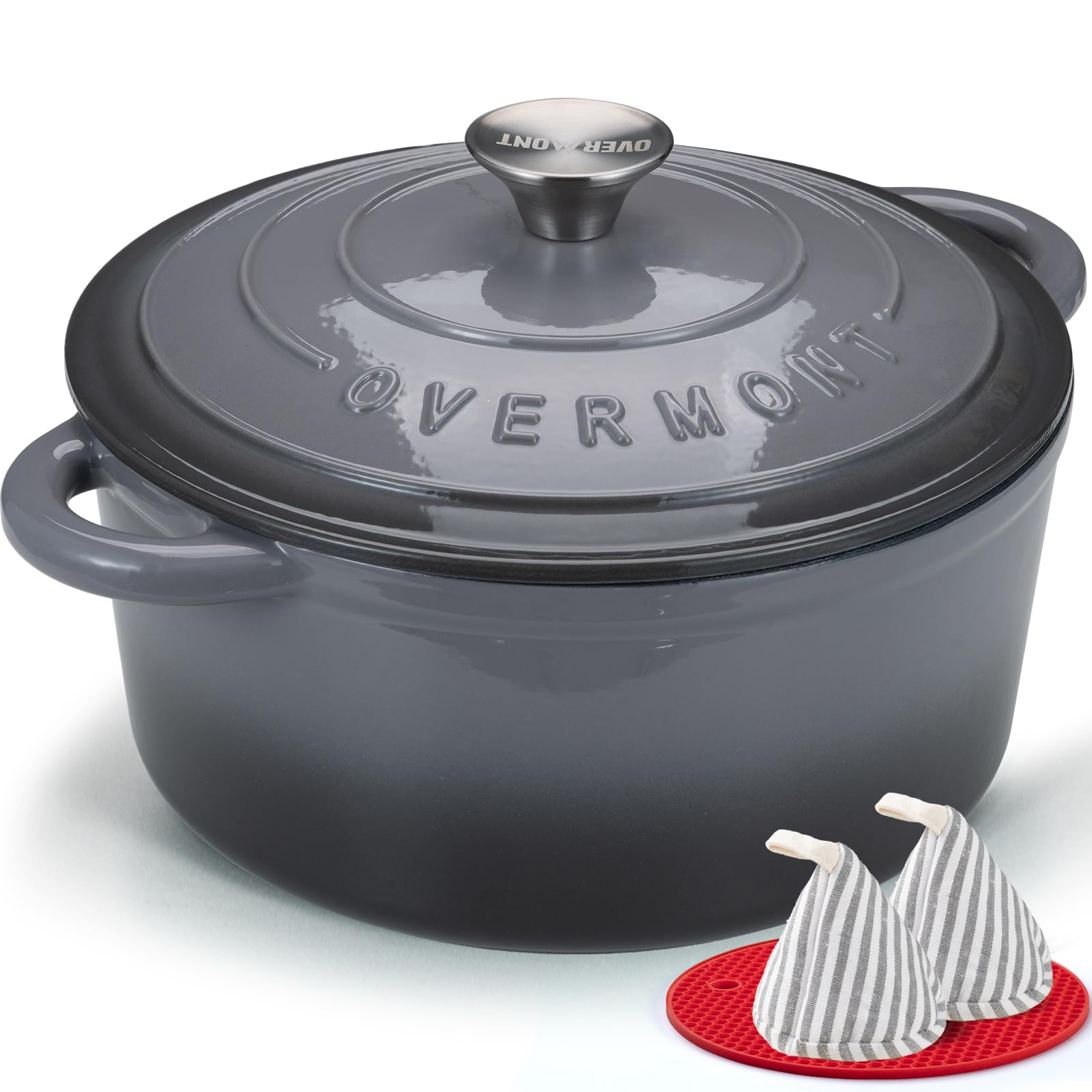 Overmont Enameled Cast Iron Dutch Oven - 7QT Pot with Lid Cookbook & Cotton Potholders - Heavy-Duty Cookware for Braising, Stews, Roasting, Sourdough Baking grey