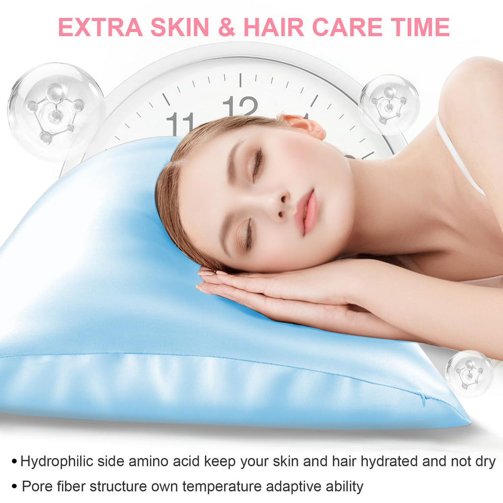 LYSHIN Silk Pillow Cases 2 Pack Standard Size with Zipper, Sky Blue