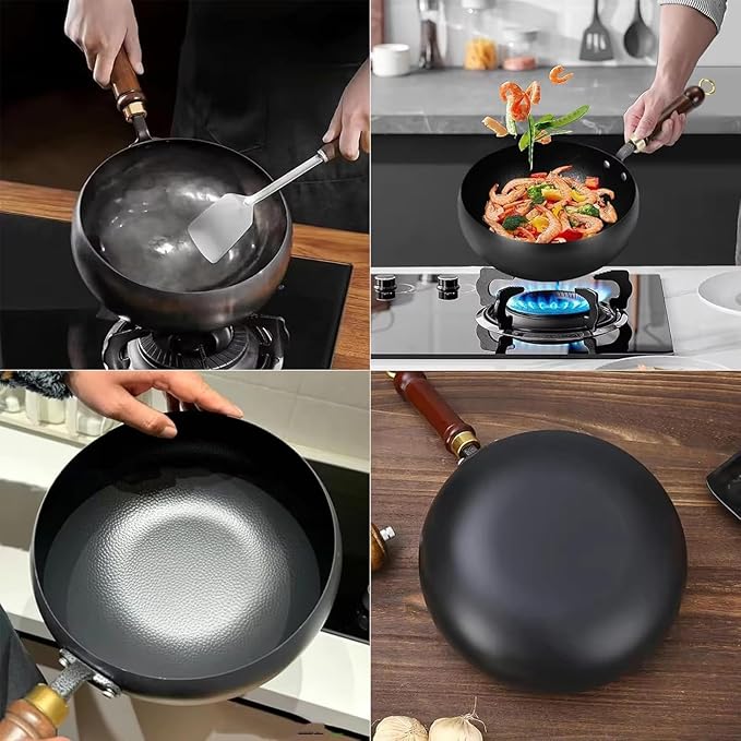 Jinswhdre Cast Iron Skillet, 9.5/11in Jinswhdre Japanese Irons Pan, Hand Forged Uncoated Iron Pan with Lid Spatula, Non-stick Wok for Cooker Gas Stir Fry Pans Durable and Rust-Free (No Lid,11in)