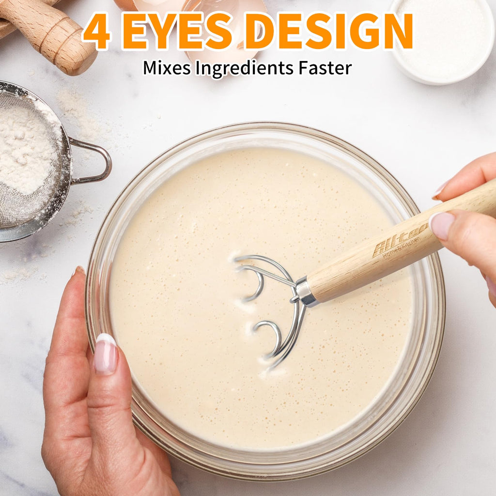ALLTOP Danish Dough Whisk - Ultimate Dutch Mixer Hand Utensil with Stainless Steel Dough Hook - Essential Sourdough Stirring Stick for Perfect Bread Making Tool