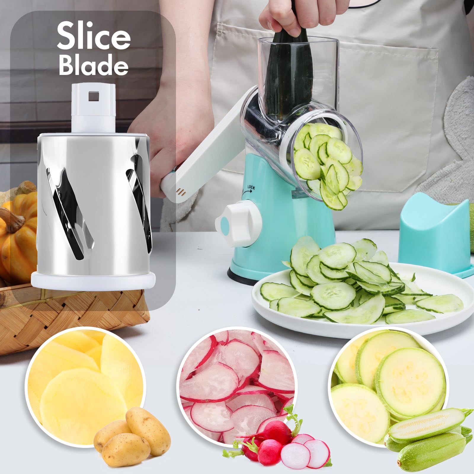 Ancevsk Cheese Grater Hand Crank, Rotary Vegetable Shredder with Handle and Strong Suction base, 3 in 1 Kitchen Speed Spin Veggie Slicer Nut Grinder for Pizza Top, Hash brown, Salad and More (Blue)
