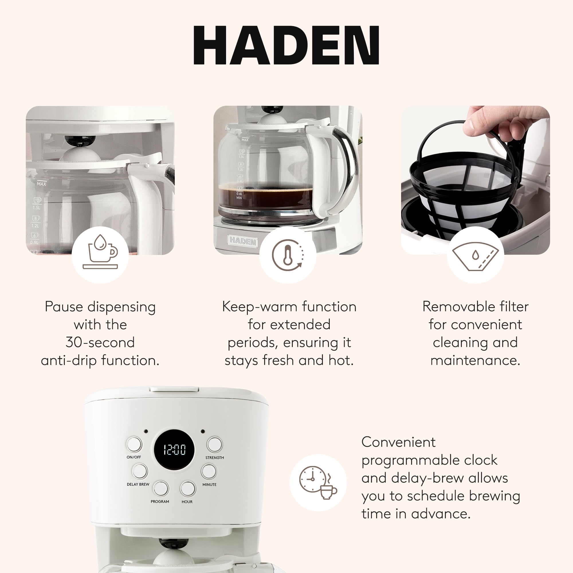 HADEN Coffee Machine, 12 Cup Programmable Drip Coffee Maker