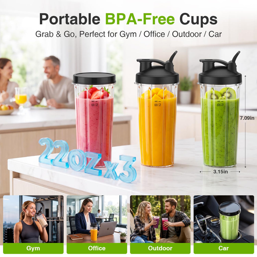 KOIOS Personal Blender for Smoothies with 3 x 22oz To-go Cups, BL319B Black