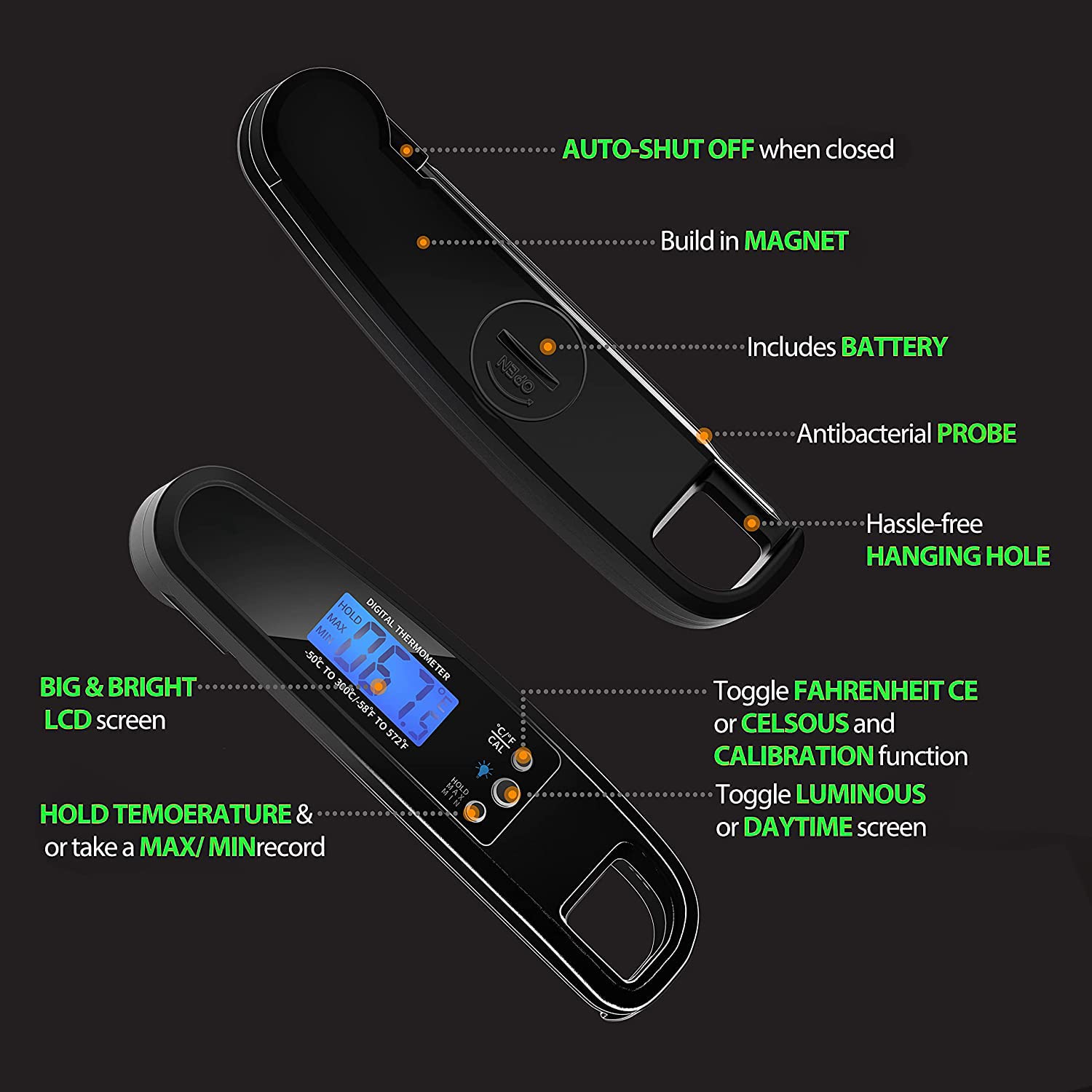 LIKEPAI Black Meat Thermometer Digital Food Thermometer for Cooking