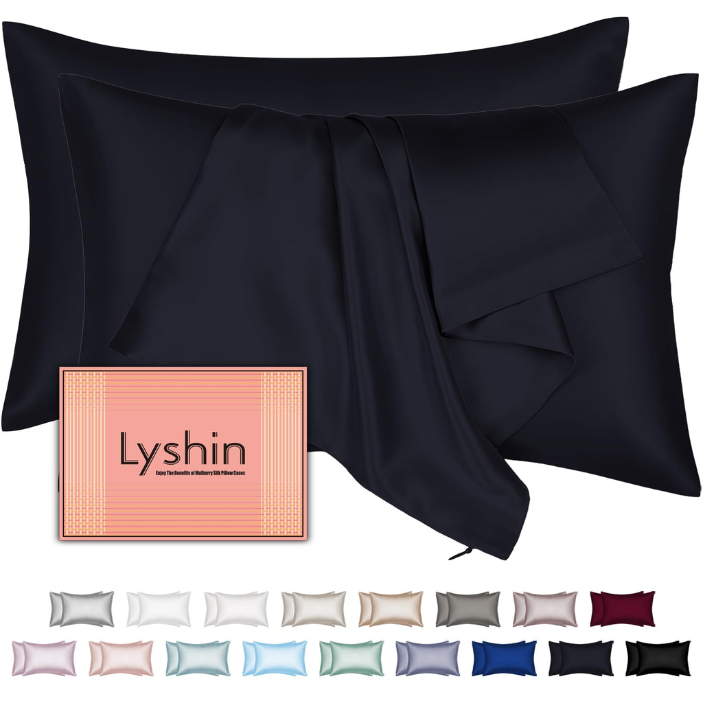 LYSHIN Silk Pillow Cases 2 Pack Queen Size with Zipper, Navy Blue
