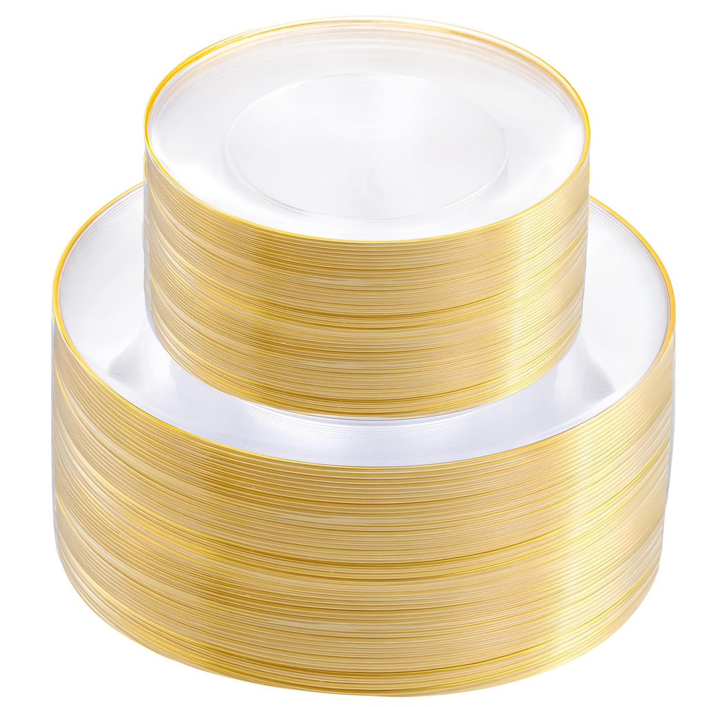 bUCLA 100PCS Clear and Gold Plastic Plates - Clear Disposable With Gold Rim Include 50 Each (10 inch Dinner & 7 inch Dessert) Plates, Ideal for Party & Thanksgiving