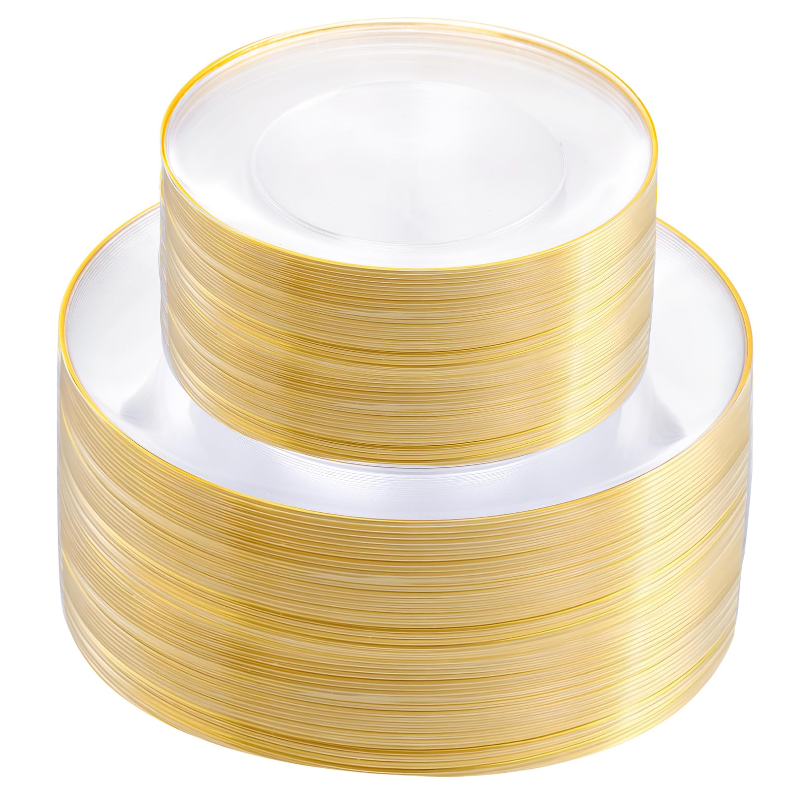 bUCLA 100PCS Clear and Gold Plastic Plates - Clear Disposable With Gold Rim Include 50 Each (10 inch Dinner & 7 inch Dessert) Plates, Ideal for Party & Thanksgiving