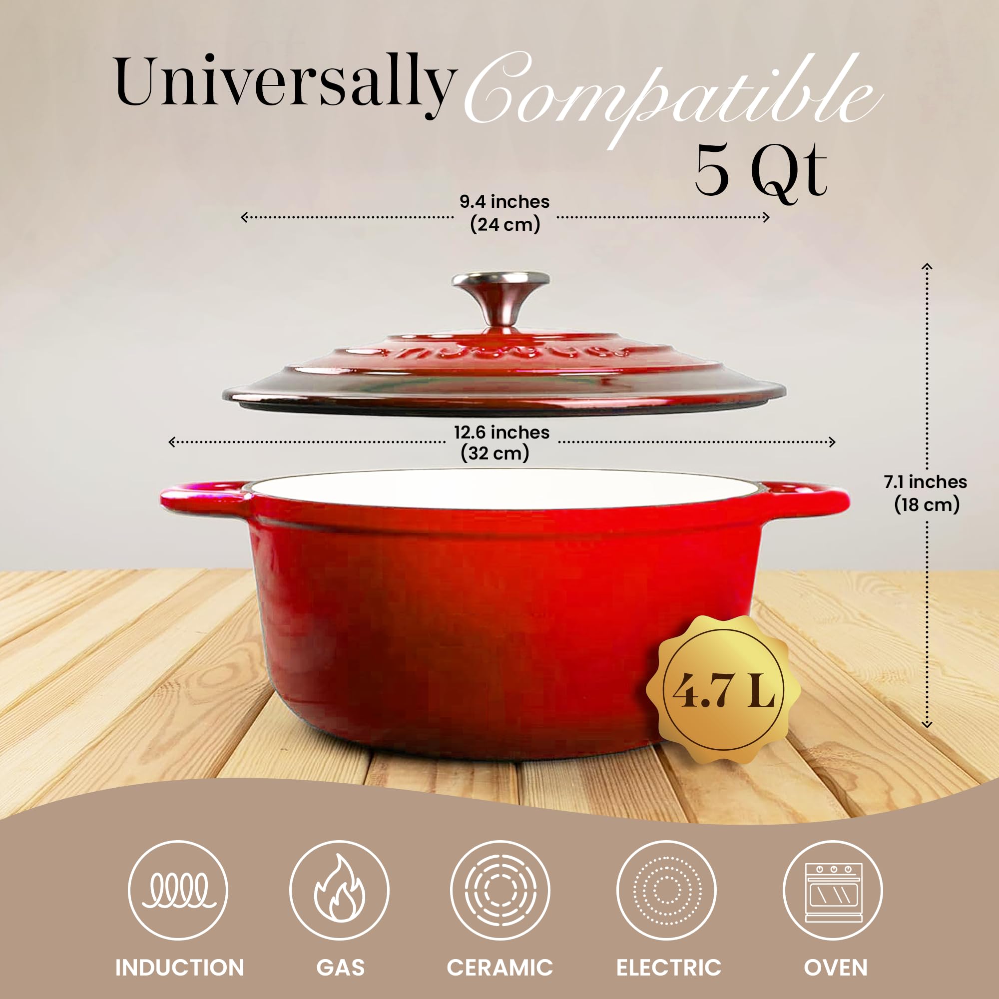Cast Iron Pot with Lid - Non-Stick Ovenproof Enamelled Casserole Pot, Oven Safe up to 500° F-Sturdy Dutch Oven Cookware-Red, 5-Quart, 24cm-by Nuovva