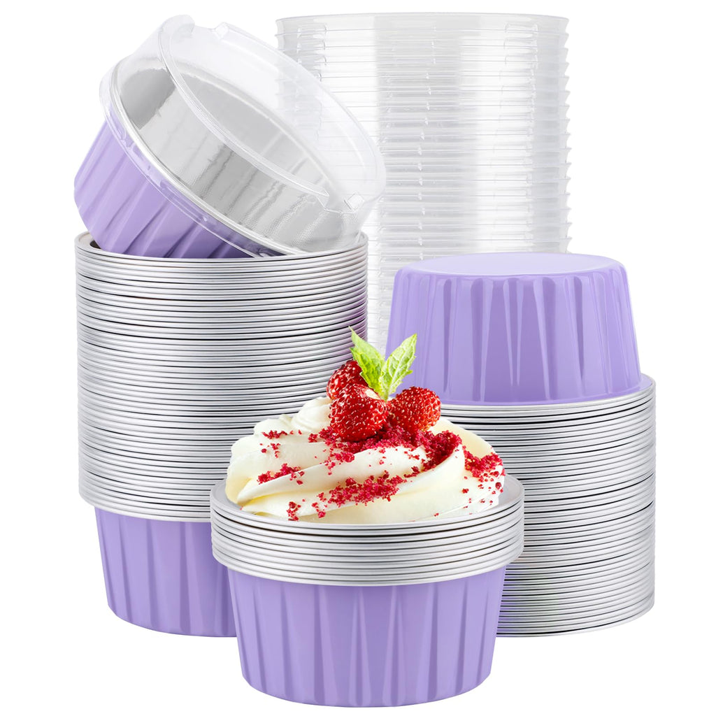 EUSOAR Disposable Ramekins with Lids, 5oz 100pcs Muffin Liners Cups with Lids, Creme Brulee Foil Ramekins, Aluminum Foil Cupcake Baking Cups, for Party Favor Birthday -Light Purple