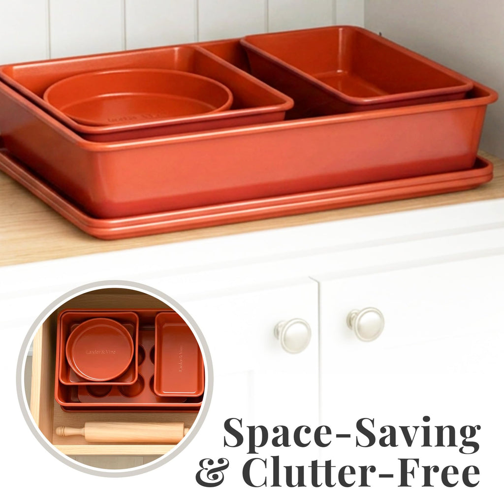Larder & Vine 8-Piece Stackable Bakeware Set, Ceramic-Coated Nonstick Baking Pan Set, Non-Toxic, with Baking Sheets, Muffin Pan, Loaf Pan & Cake Pans, Cabernet