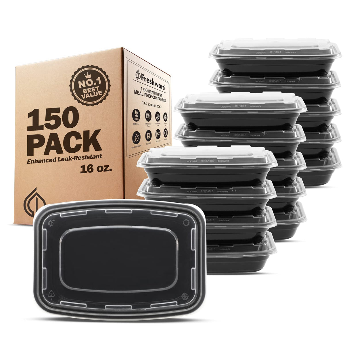 Freshware Meal Prep Containers [150 Pack] 1 Compartment Food Storage Containers with Lids, Bento Box, BPA Free, Stackable, Microwave/Dishwasher/Freezer Safe (28 oz)