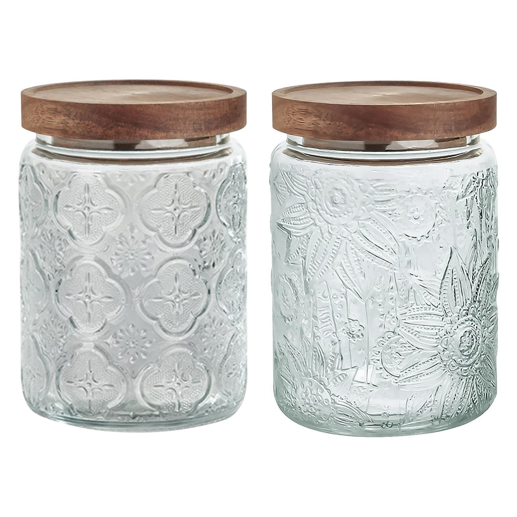 24 OZ/2 PCS Glass Storage Jar with Airtight Bamboo Wooden Lids, Vintage Food Containers Canisters Sets for Kitchen Counter Pantry, Sugar, Flour, Candy, Tea, Coffee Beans, Oats, Grain Bin, Pasta,