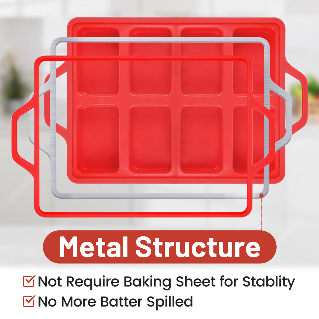 Mini Loaf Pans, Metal Reinforced Frame Silicone Mini Bread Loaf Pans 8 Cavities Nonstick for Baking Cornbread, Bread, Small Loaf, Brownie, Cheesecake, Chocolate 2 Pack Red