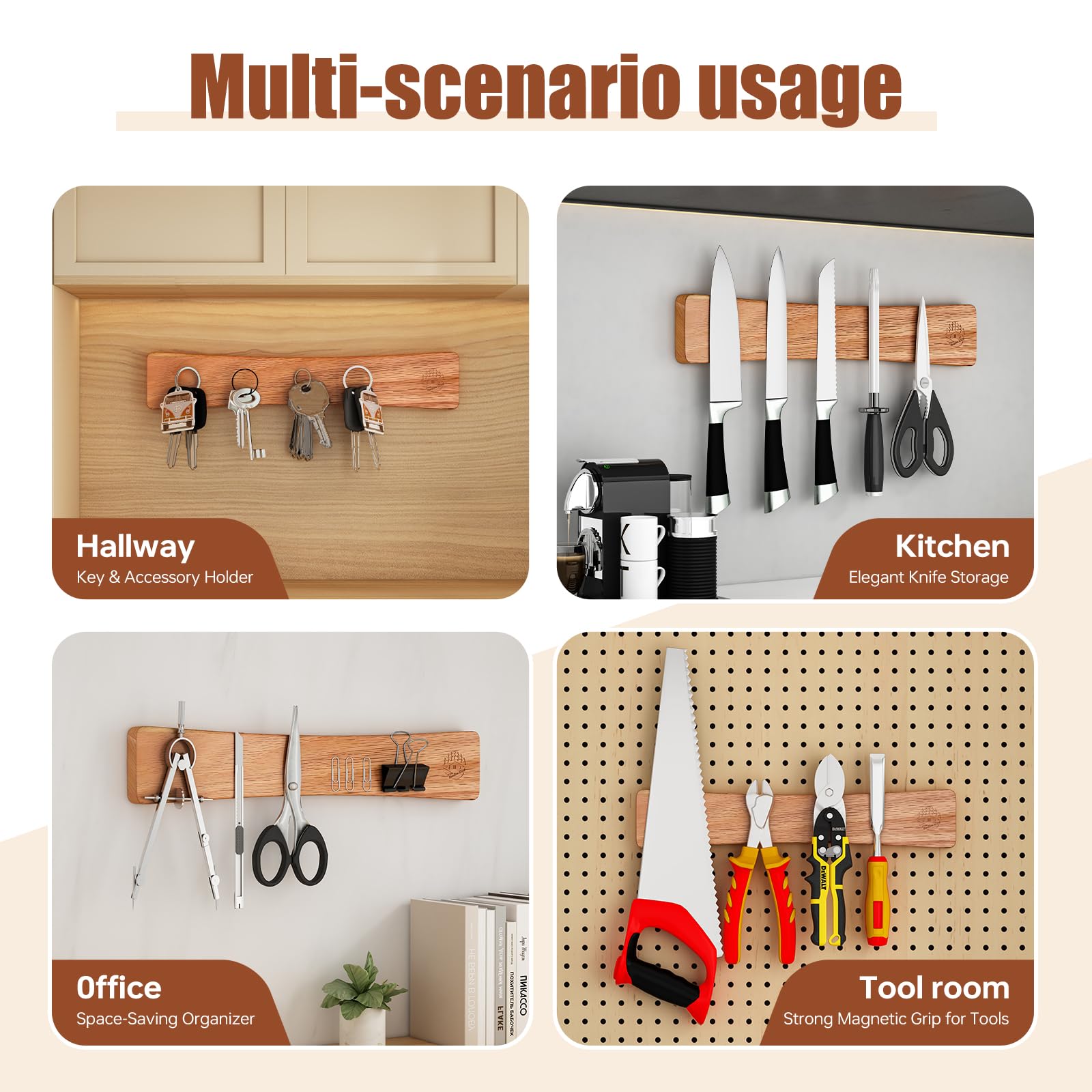 KORELION WOOD Magnetic Knife Strip, 16 Inch Oak Magnetic Knife Holder for Wall with N52 Super Strong Magnets, Premium Wooden Knife Magnetic Strip Organizer for Kitchen Knives, Tools,No Drilling