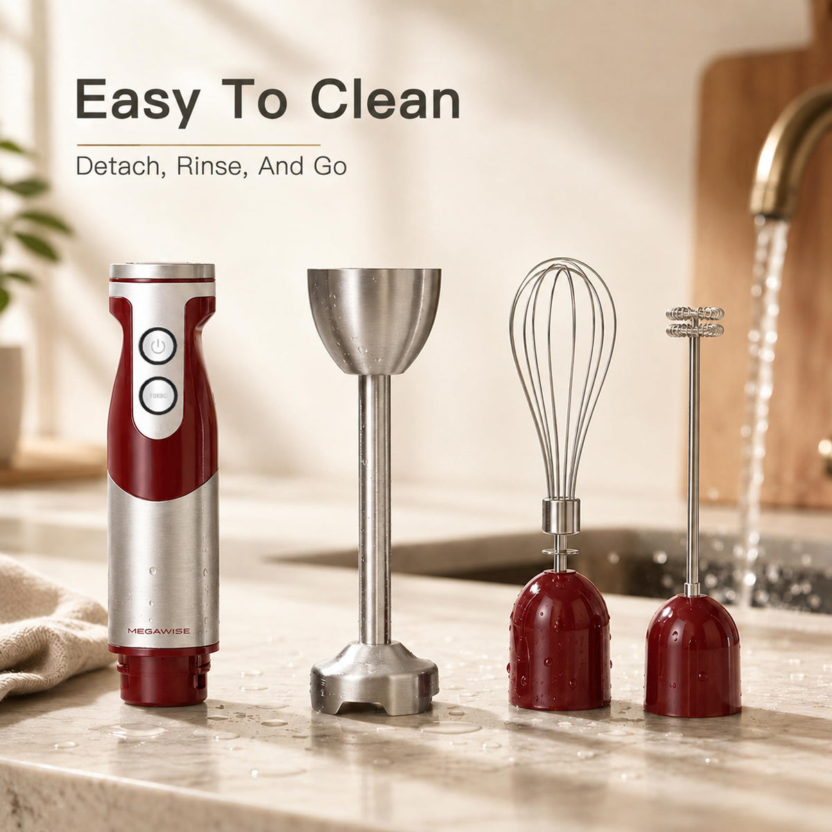 MegaWise 3-in-1 Hand Blender Set with Variable Speed Control, 400W Immersion Blender - Includes Whisk, Milk Frother, Chopper, and Beaker for Smoothies, Soups, and Baby Food (RED)