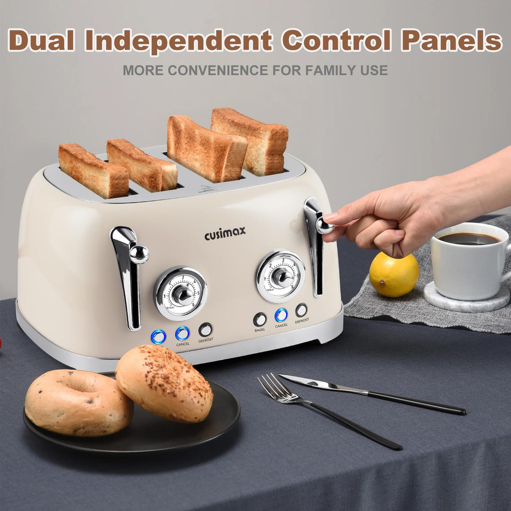 CUSIMAX Toaster 4 Slice, Retro Toaster with Wide Slots for Bagels, Cream