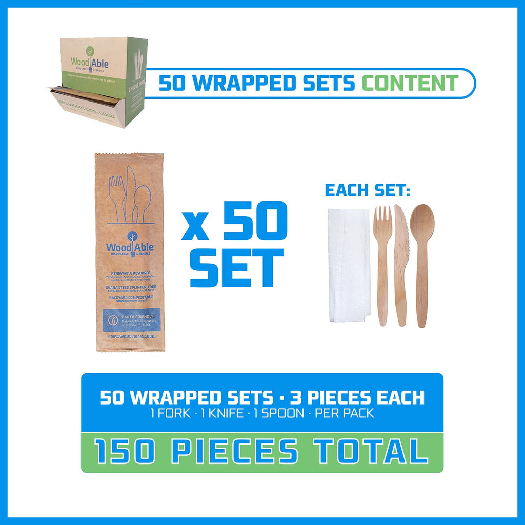 WOODABLE Disposable & Backyard Compostable Wrapped Wooden Cutlery Set, Eco-Friendly, Sustainable, Organic, Biodegradable, Vegan-Friendly, 50 packs with knife, fork, spoon and napkin, 150 Utensils.