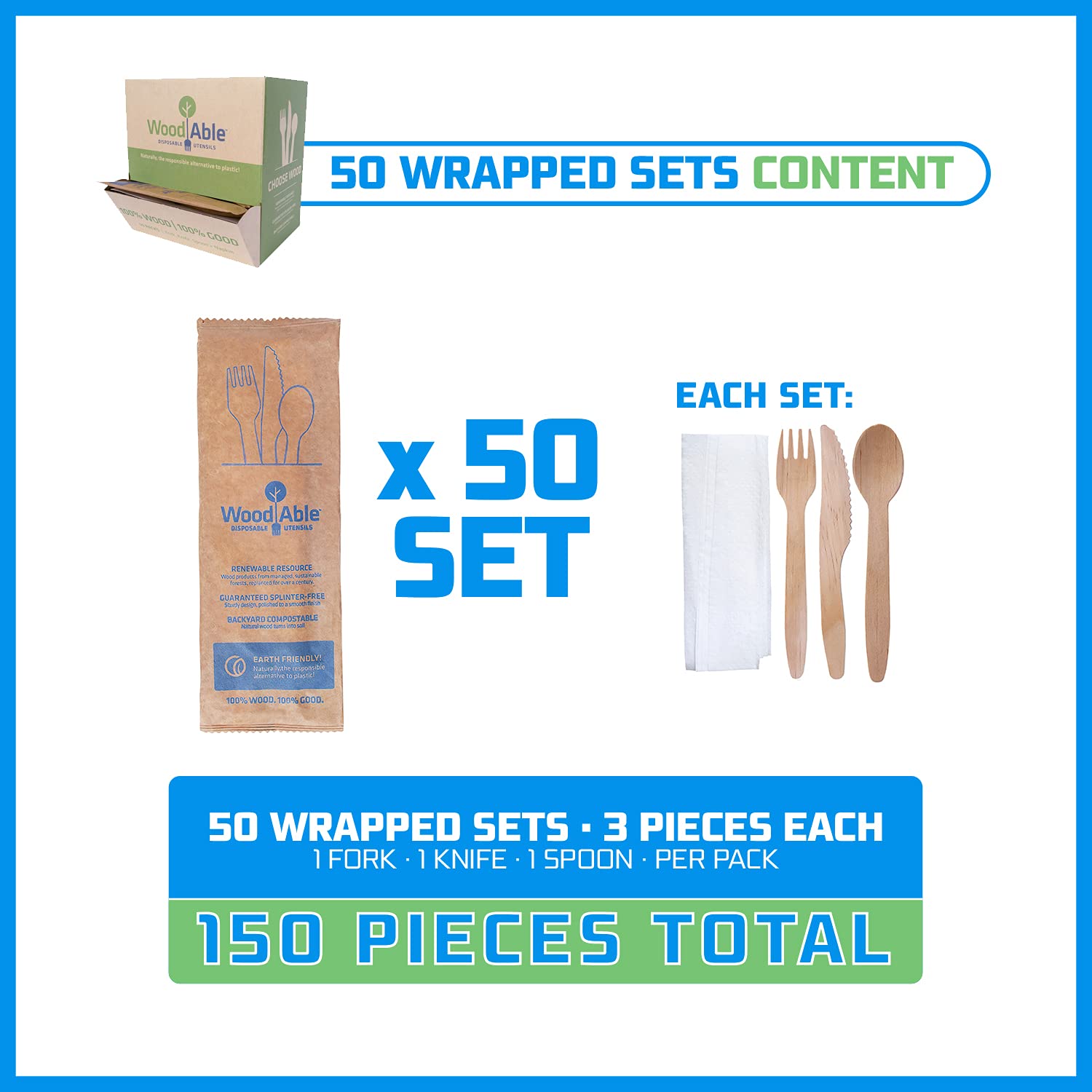 WOODABLE Disposable & Backyard Compostable Wrapped Wooden Cutlery Set, Eco-Friendly, Sustainable, Organic, Biodegradable, Vegan-Friendly, 50 packs with knife, fork, spoon and napkin, 150 Utensils.