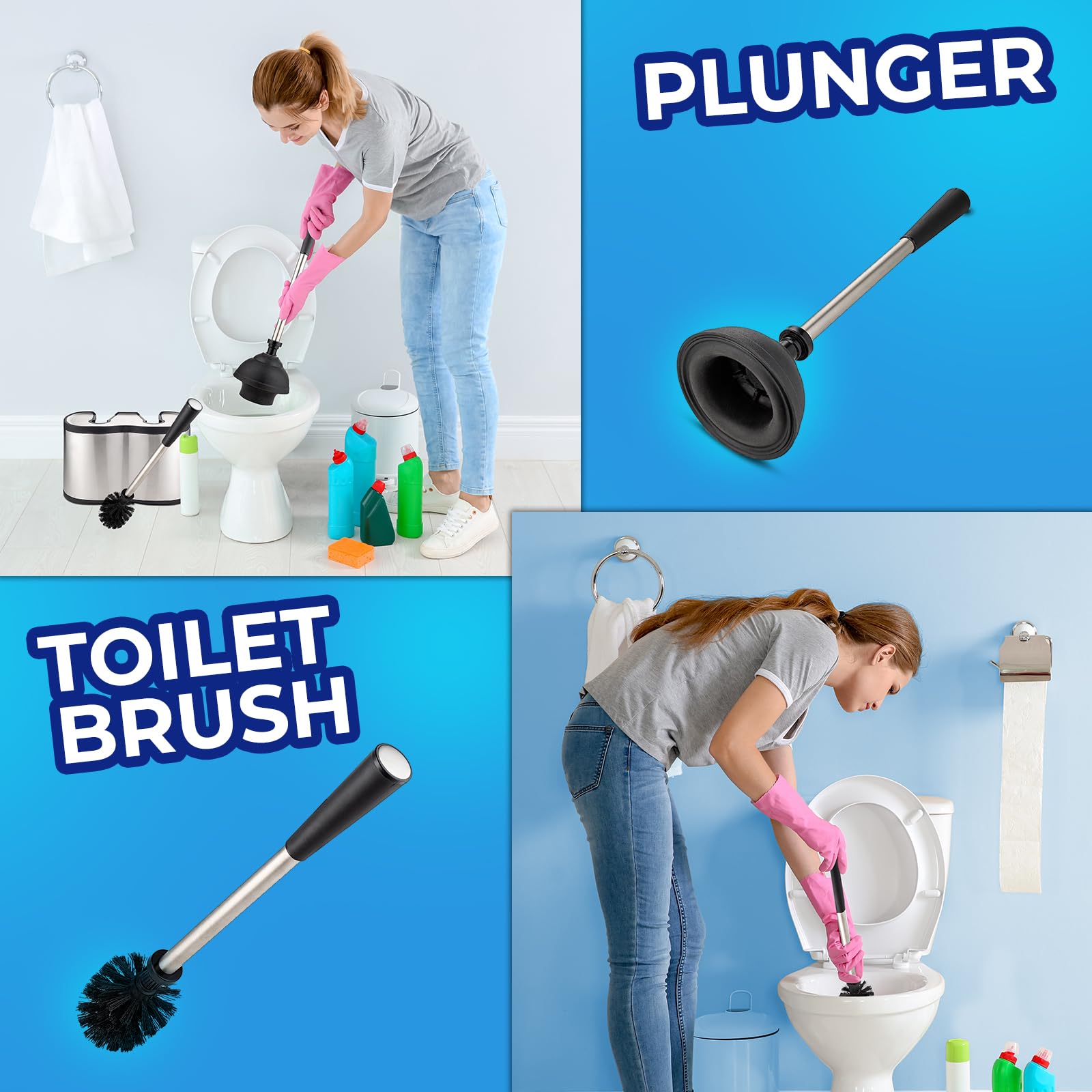 UMIEN 2-Pack Toilet Brush and Plunger Set, Satin Nickel, Long Handle