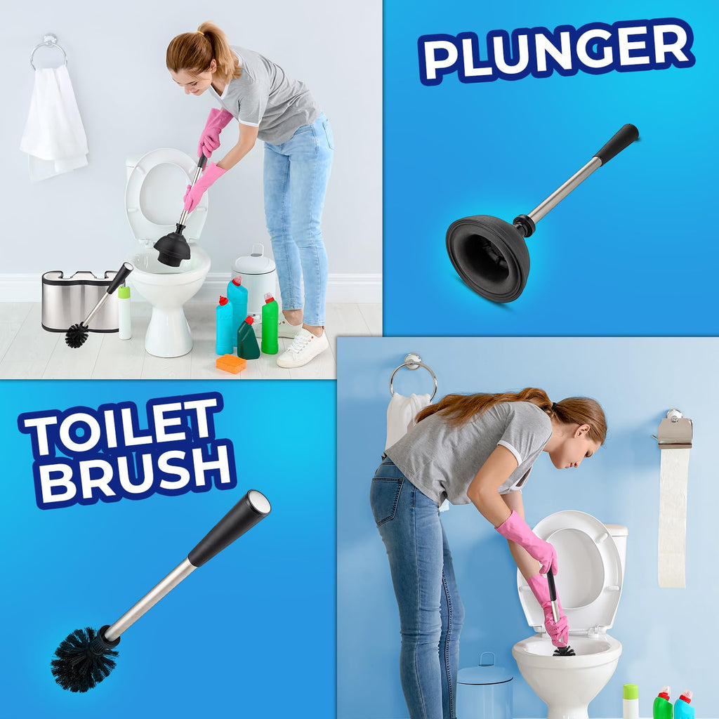 UMIEN 2-Pack Toilet Brush and Plunger Set, Satin Nickel, Long Handle