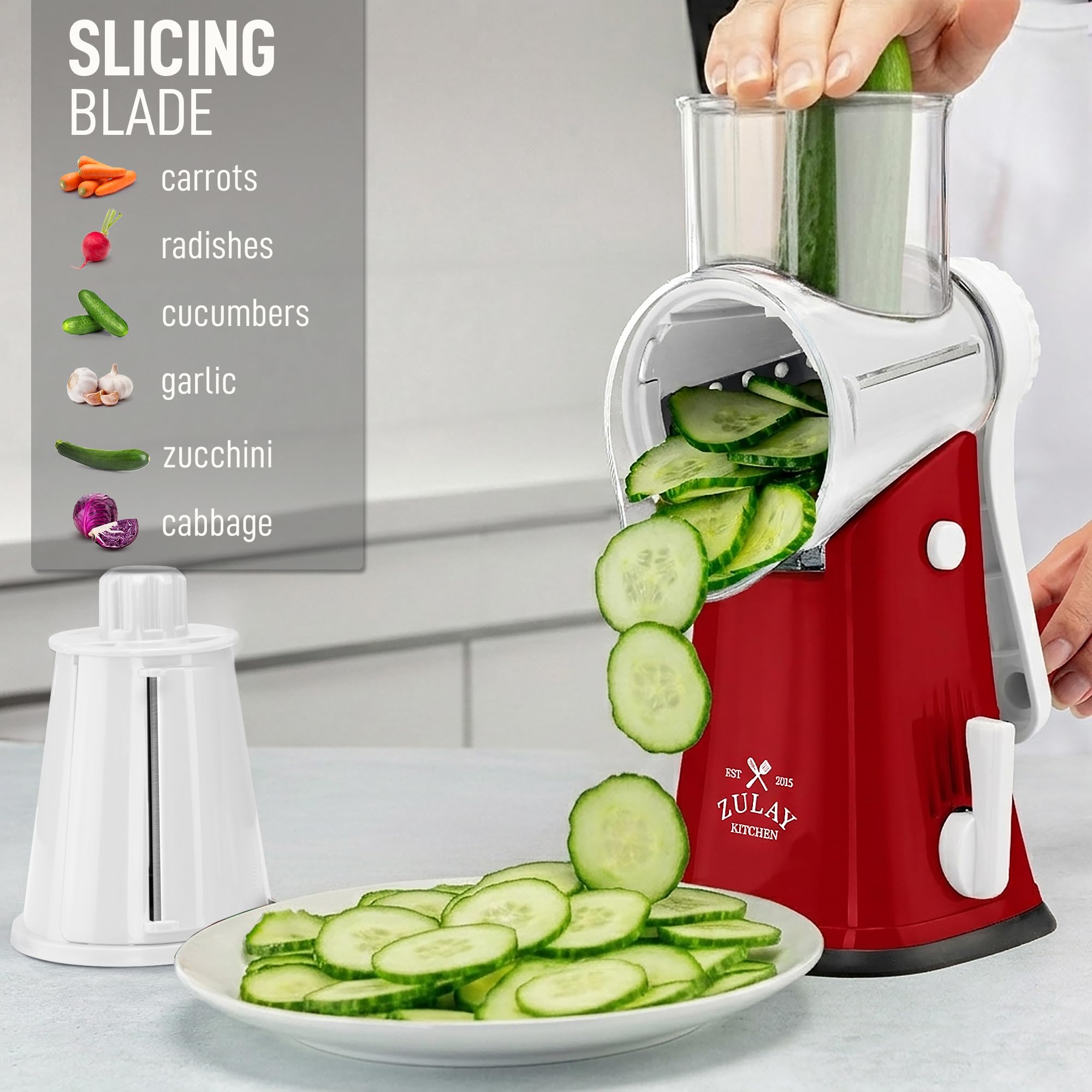Zulay Kitchen Rotary Cheese Grater 5 Blade Cheese Shredder - Manual Hand Crank Cheese Grater With Reinforced Suction & 5 Interchangeable Drums - Easy to Use, Vegetable Chopper Round Mandoline Slicer