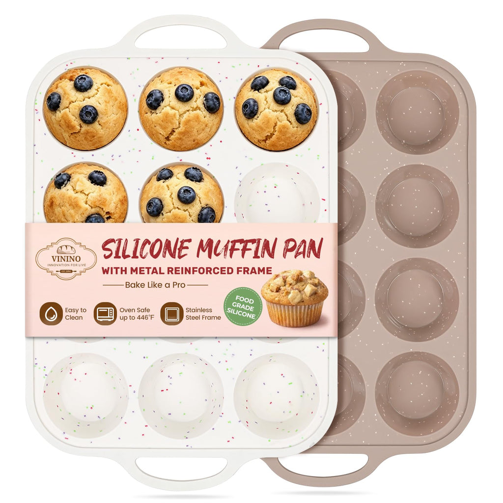 Vinino 2Pack Silicone Muffin Pans for Baking with Metal Reinforced Frame, 12 Cups Regular Size Nonstick Silicone Cupcake Pan, BPA Free Oven Dishwasher Safe Baking Mold for Muffins Cupcakes