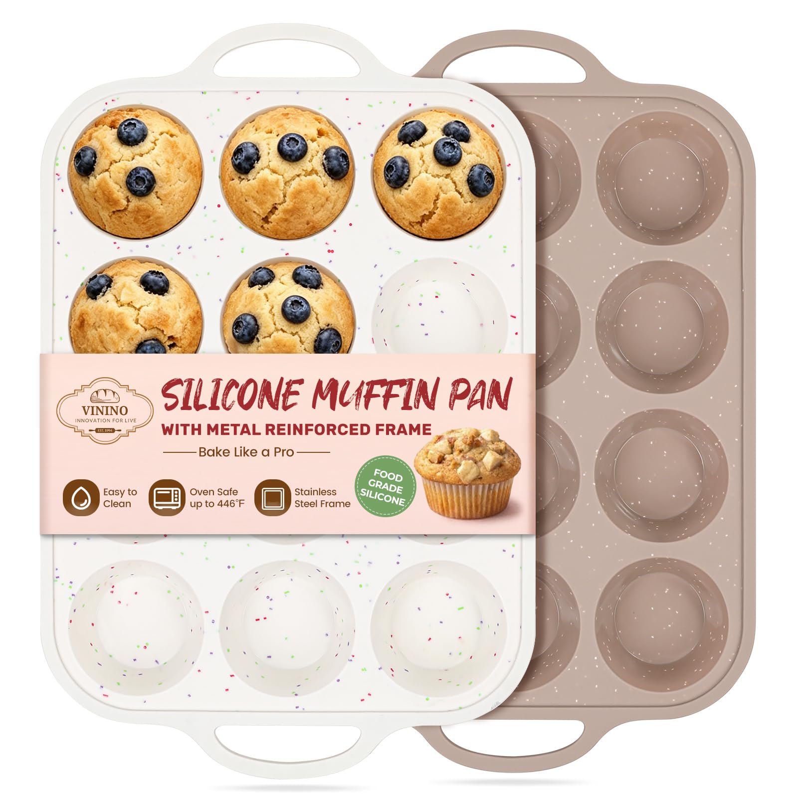 Vinino 2Pack Silicone Muffin Pans for Baking with Metal Reinforced Frame, 12 Cups Regular Size Nonstick Silicone Cupcake Pan, BPA Free Oven Dishwasher Safe Baking Mold for Muffins Cupcakes
