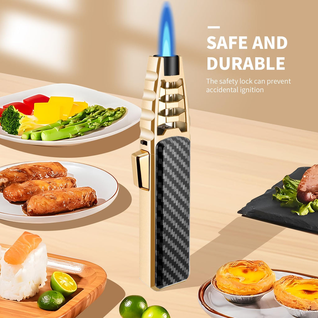 Butane Torch Lighter,Windproof Refillable Kitchen Cooking Torch,Adjustable Flame Solar Beam Blow Torch with Safety Lock for Candle Camping BBQ (Not Included Butane Gas) (Gold)