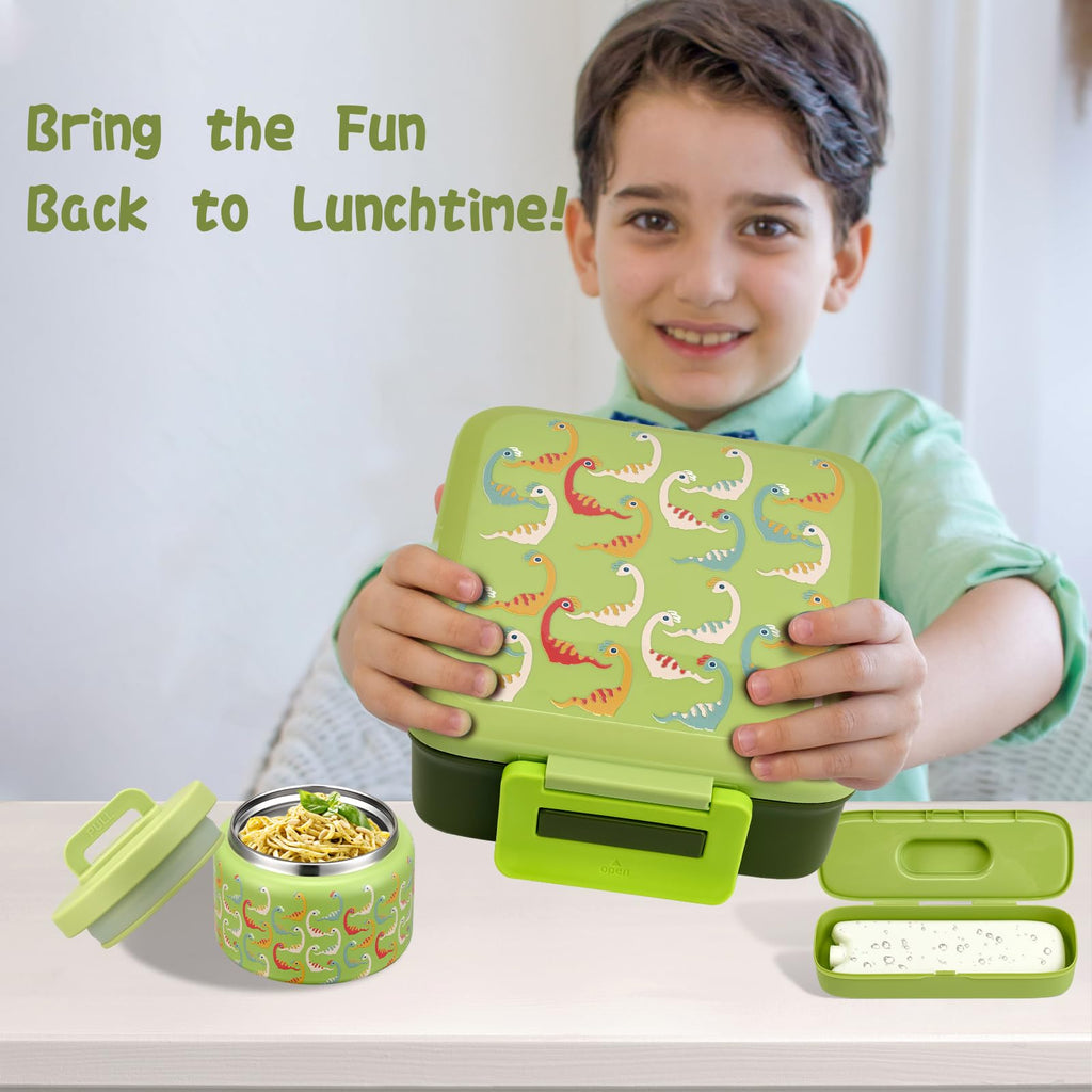 JXXM Bento Lunch Box for Kids with 8oz Soup Thermo,Leak-Proof Lunch Containers with 5 Compartment,Thermo Food Jar Food Containers for School (Green-Colorful Dinosaur)