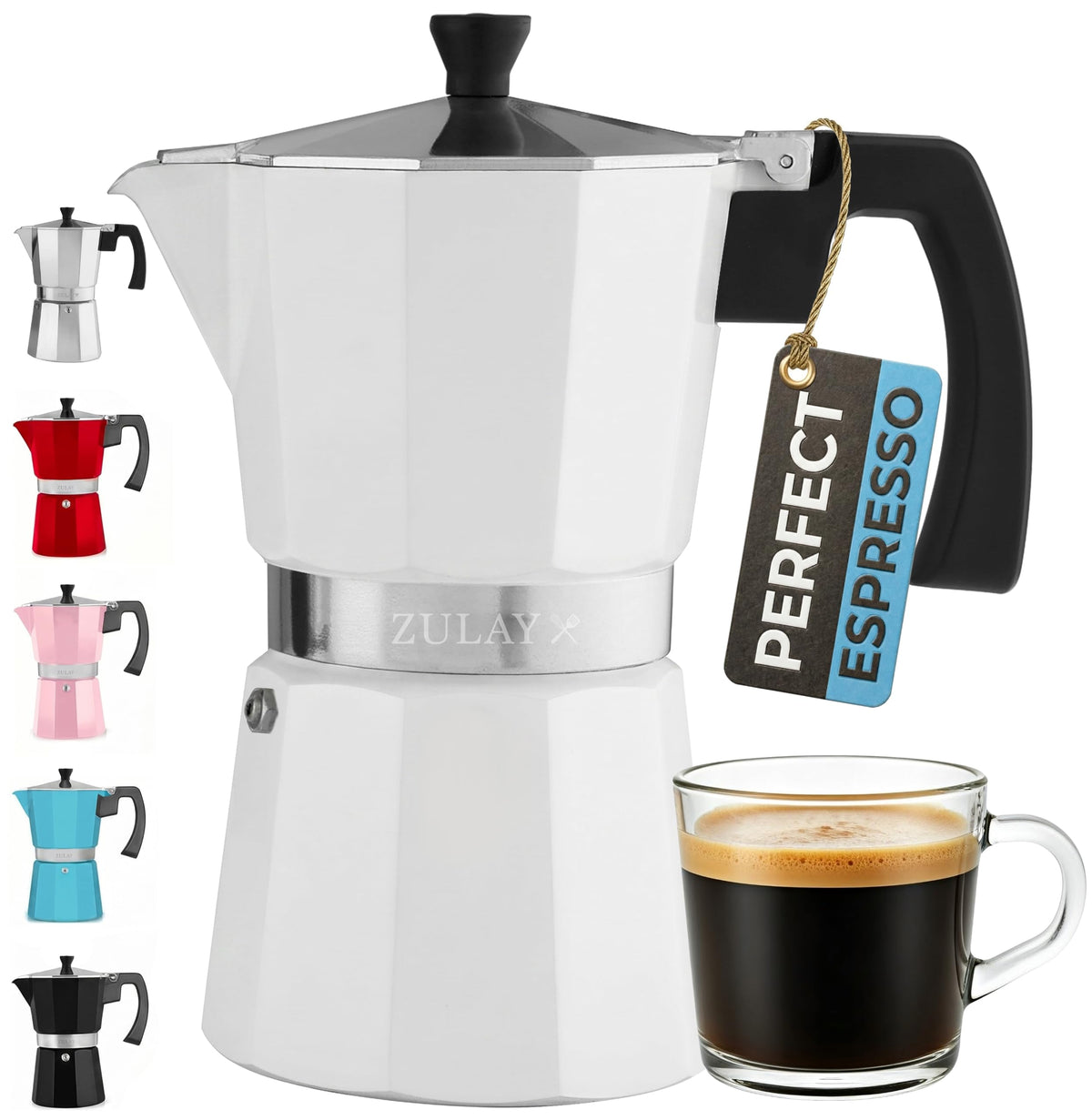 Zulay Moka Pot Espresso Stovetop Coffee Maker - Leak-Proof, Stainless Steel, Easy to Clean, Heat Resistant Handle & Knob - for Authentic Cuban & Italian Style Espresso - Makes 12 Espresso Cups - White