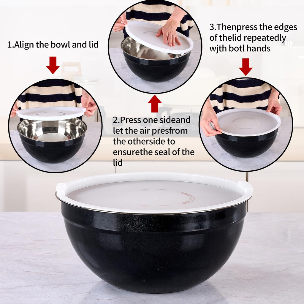 LKTDYMEG Black Mixing Bowls with Lids Set of 7, Stainless Steel Nesting Bowl with Khaki Lid for Non-slip Mixing Prepping Storing Serving, 7 Sizes-7/3.6/2.7/2.1/1.5/1/0.8 QT