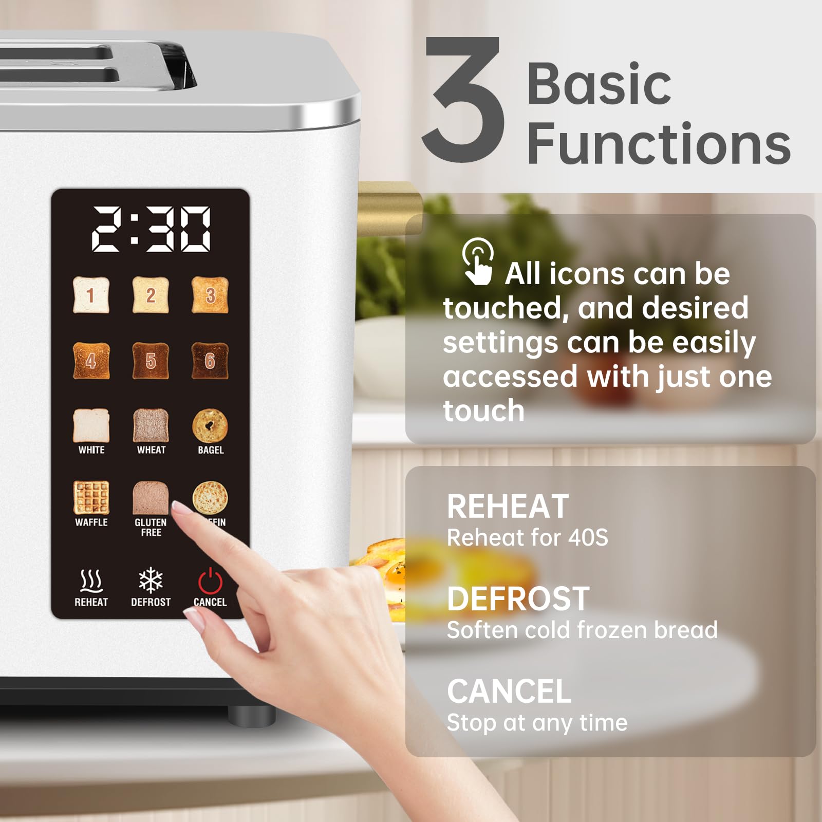 SEEDEEM Touchscreen Toaster 2 Slice, Stainless Steel, 6 Shade, 900W, White