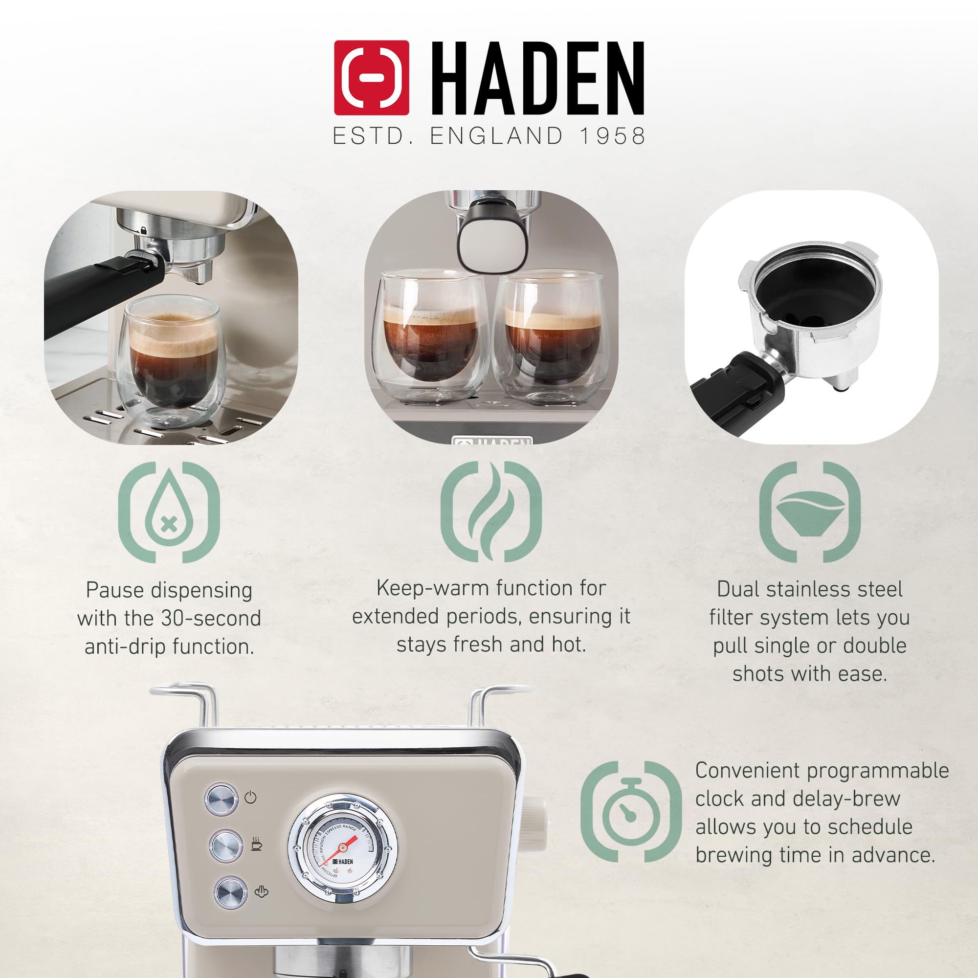 HADEN Barista Brew Espresso Coffee Machine, Stainless Steel Espresso Maker with Milk Frother and Steamer Function and 1.5L Water Tank, Putty & Copper
