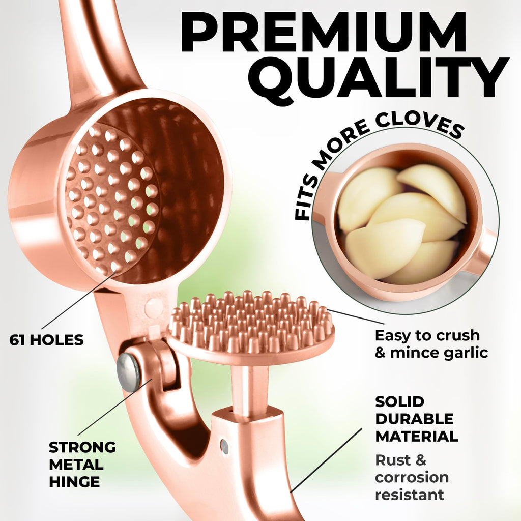 Zulay Kitchen Large Premium Garlic Press Set - Bigger Bowl for Bigger Garlic - Rust Proof Garlic Mincer Tool - Easy-Squeeze, Easy-Clean Silicone Garlic Peeler & Brush (Rose Gold)