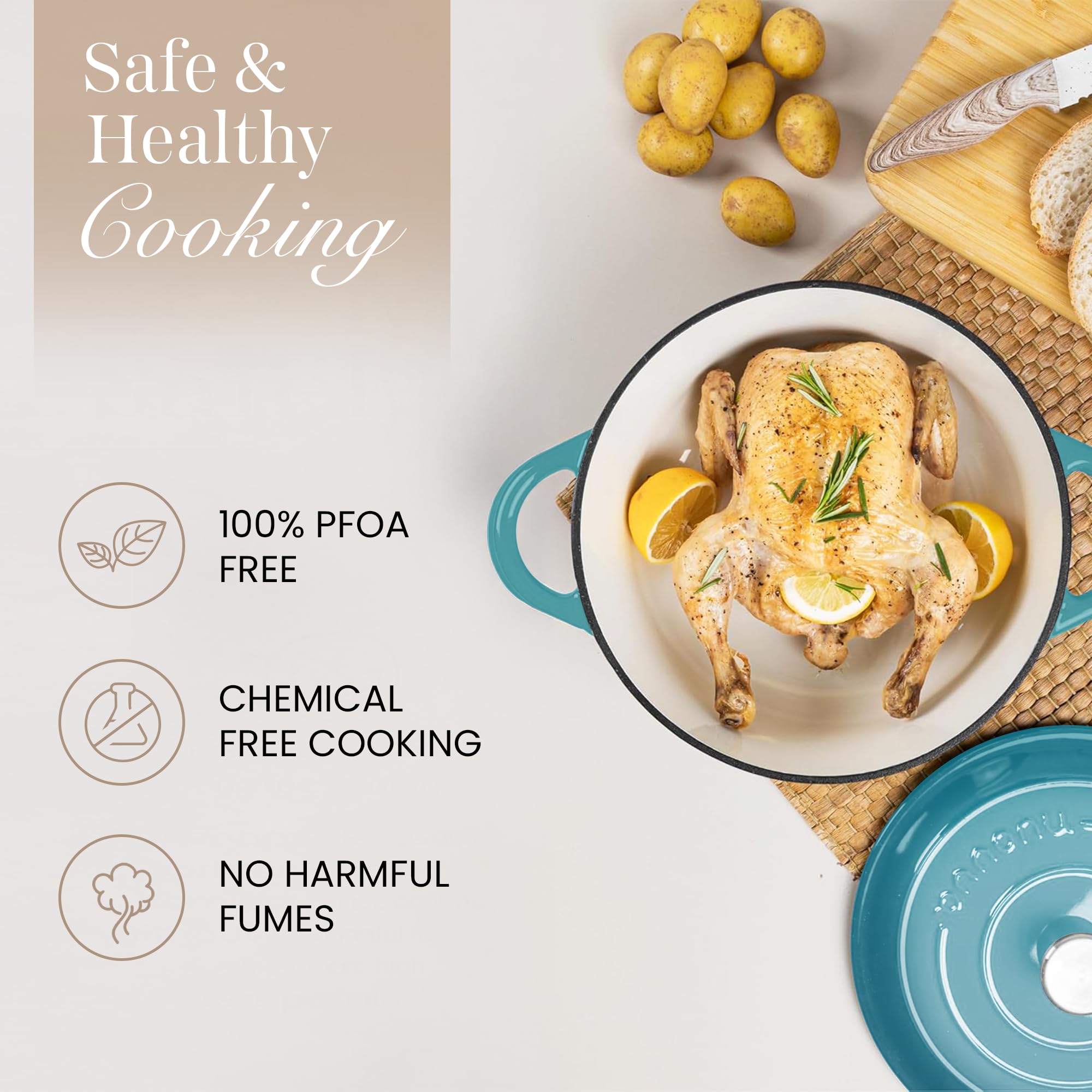 Cast Iron Dutch Oven with Lid-Non-Stick Ovenproof Enamelled Casserole Pot - Sturdy Dutch Oven Cookware-Teal, 7.3- Quart, 30cm- by Nuovva