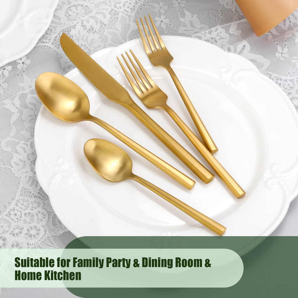 DEACORY Gold Silverware Set Matte Finish Hexagon Handle Service for 12