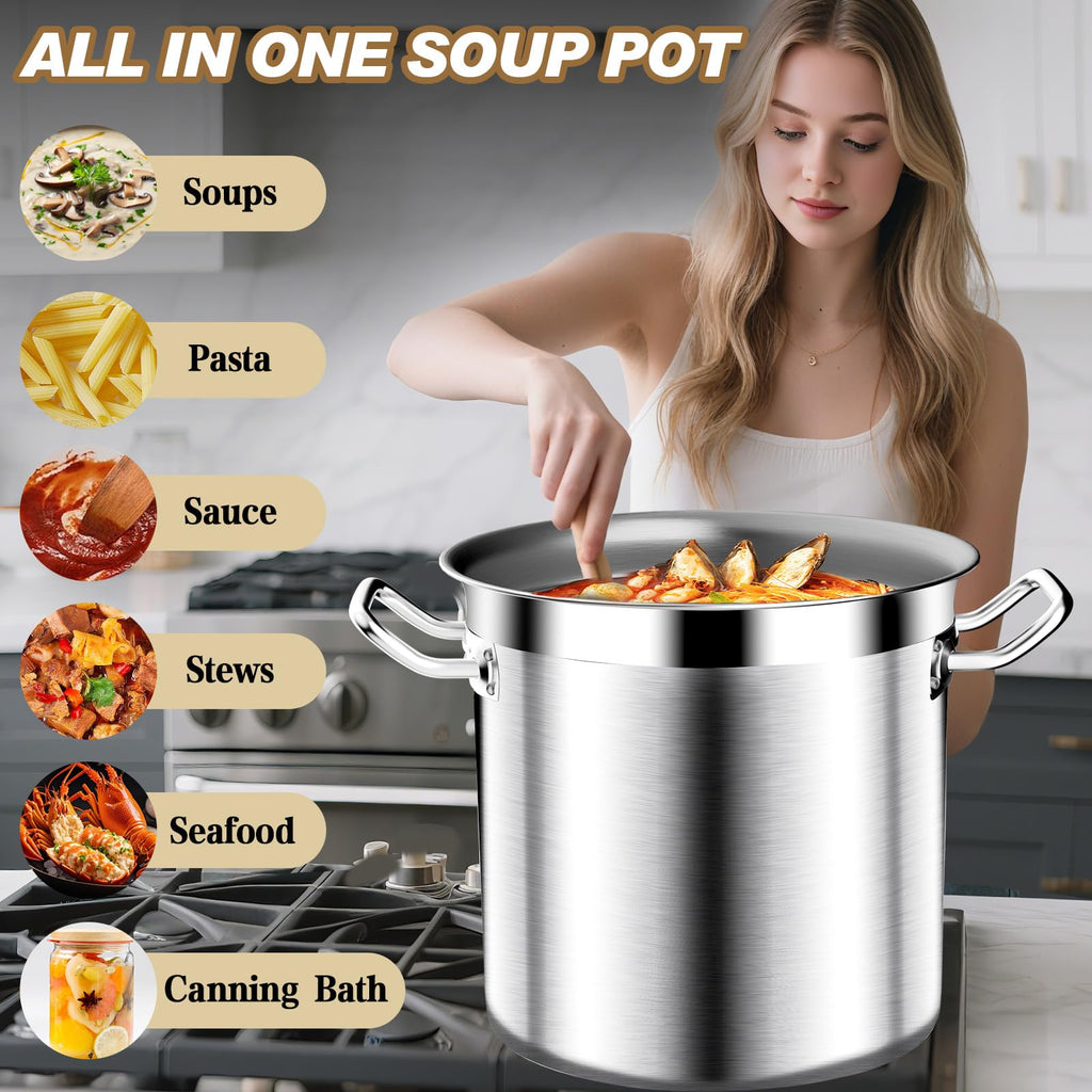 Large Stock Pot - 35QT Stainless Steel Stockpot with Lid, Heavy Duty Tri-Ply Bottom Commercial Grade Stock Pot - Big Pots for Cooking Soup Stew Canning Cooking Pots Even Heat Distribution