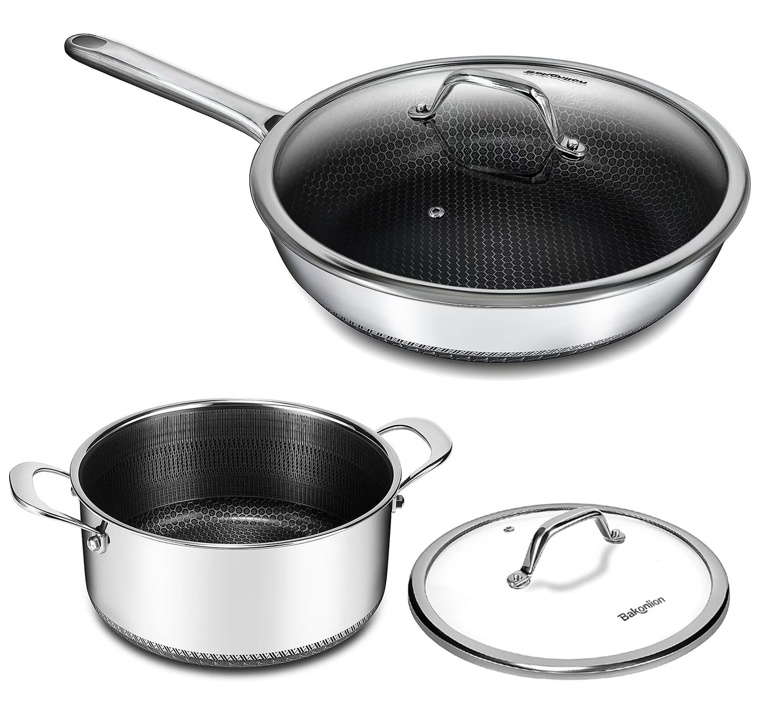 Bakoniion Pots and Pans Set,12 Inch Hybrid Nonstick Frying Pan & 5QT Stockpot,3 PCS Silicone Kitchen Utensils Set