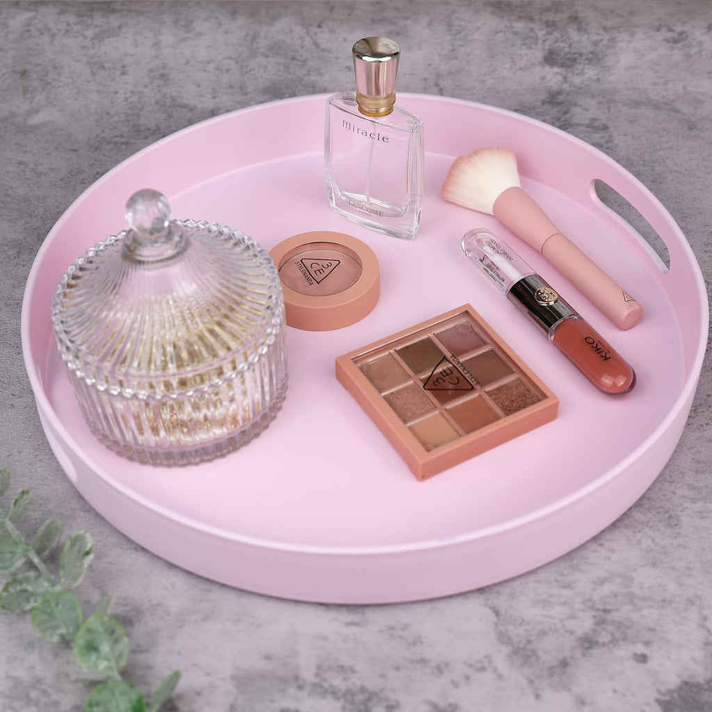 SforGUVA Round Pink Decorative Serving Tray with Handles, 13” Versatile Ottoman Tray for Coffee Table, Entertaining, Outdoor Patio, Living Room