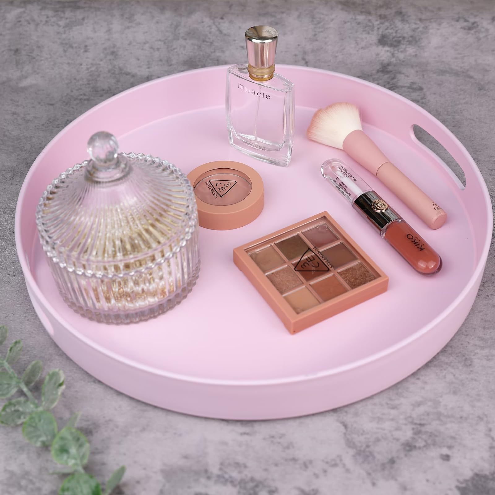 SforGUVA Round Pink Decorative Serving Tray with Handles, 13” Versatile Ottoman Tray for Coffee Table, Entertaining, Outdoor Patio, Living Room
