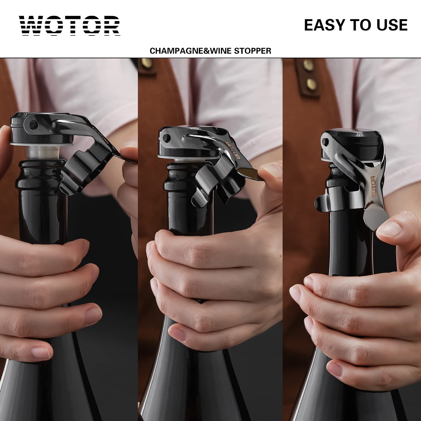WOTOR Champagne&Wine Bottle Stoppers Stainless Steel with Food Grade Silicone, Leak Proof Keep Fresh Reusable Saver, Cork Suitable for Wine, Champagne, Cava, Prosecco and Sparkling (12 Pack Black）