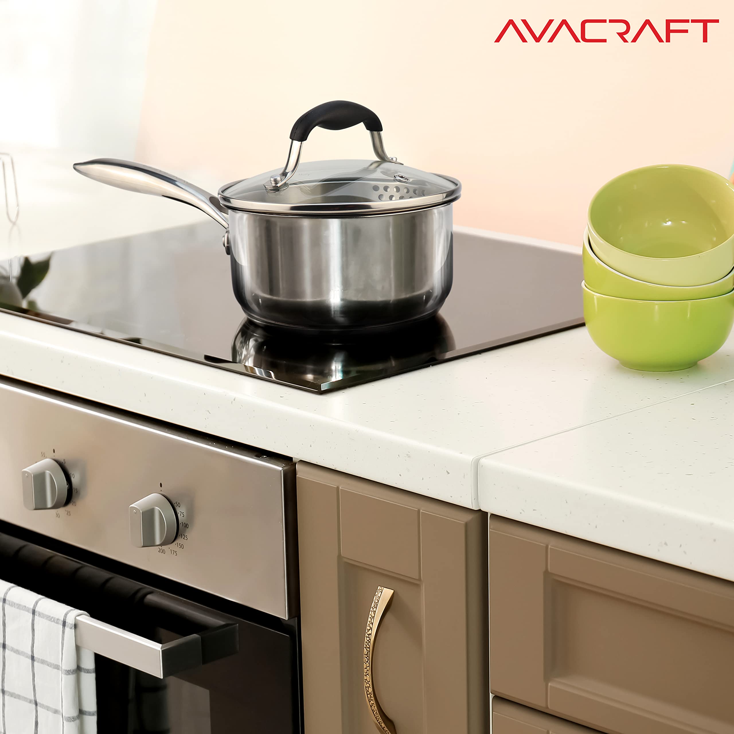 AVACRAFT Stainless Steel Saucepan with Glass Strainer Lid, Two Side Spouts for Easy Pour with Ergonomic Handle, Multipurpose Sauce Pot (5-Ply Capsule Bottom, 1.5 Quart)