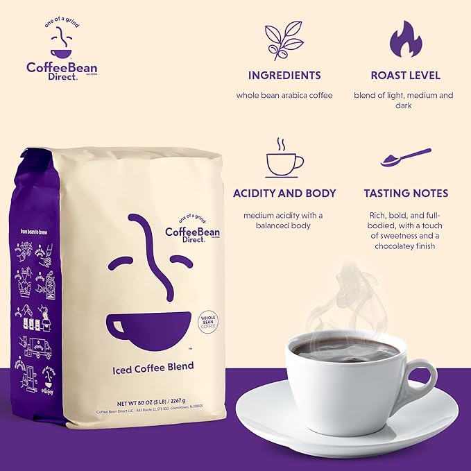Coffee Bean Direct Iced Coffee Blend, Whole Bean Coffee, Mixed Roast Level, 5 Pound Bag (Pack of 1)