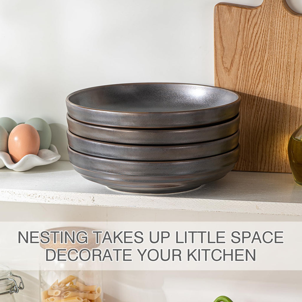 HAPPY KIT Stoneware 9'' Pasta Bowls 42oz Set of 4, Bronze Gray