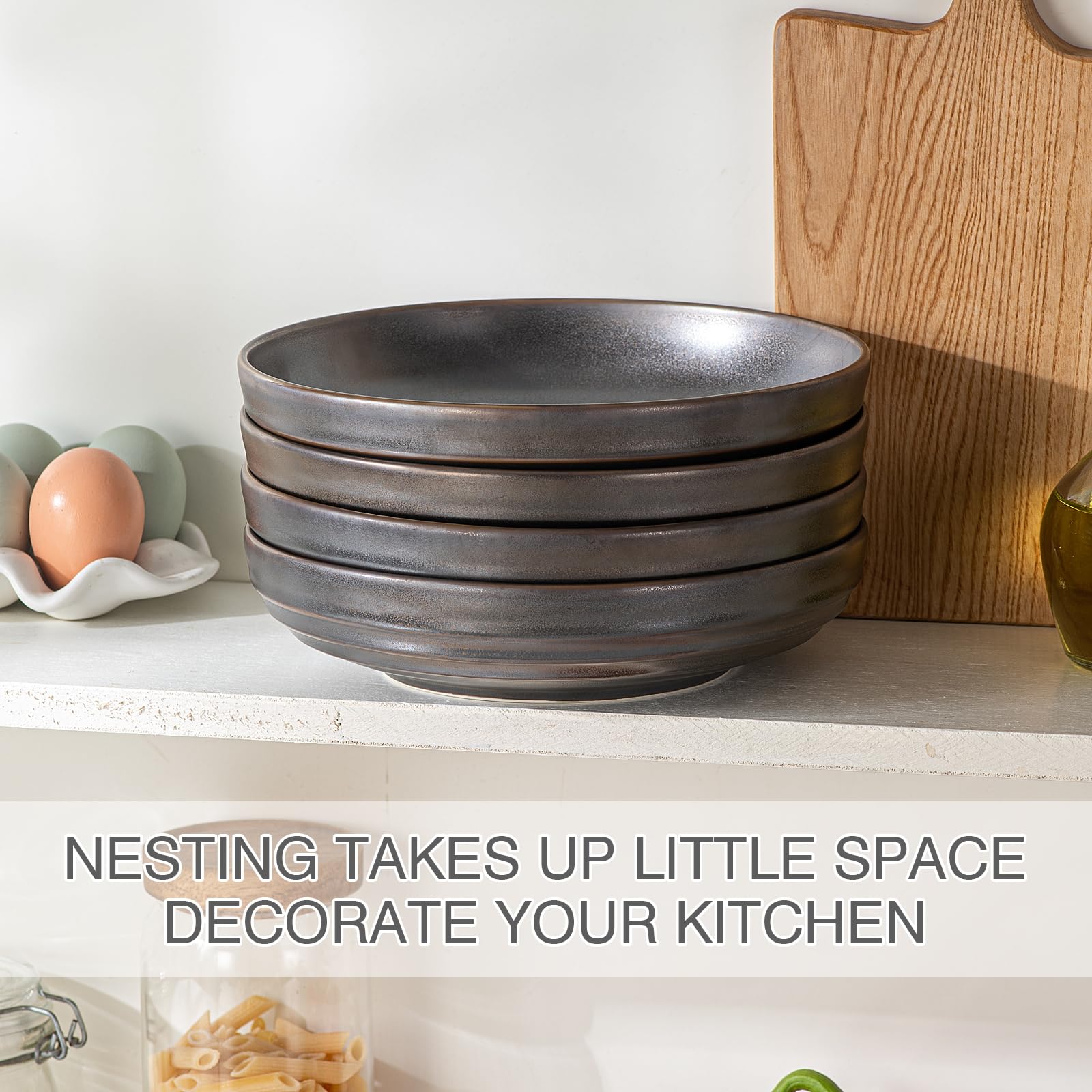 HAPPY KIT Stoneware 9'' Pasta Bowls 42oz Set of 4, Bronze Gray