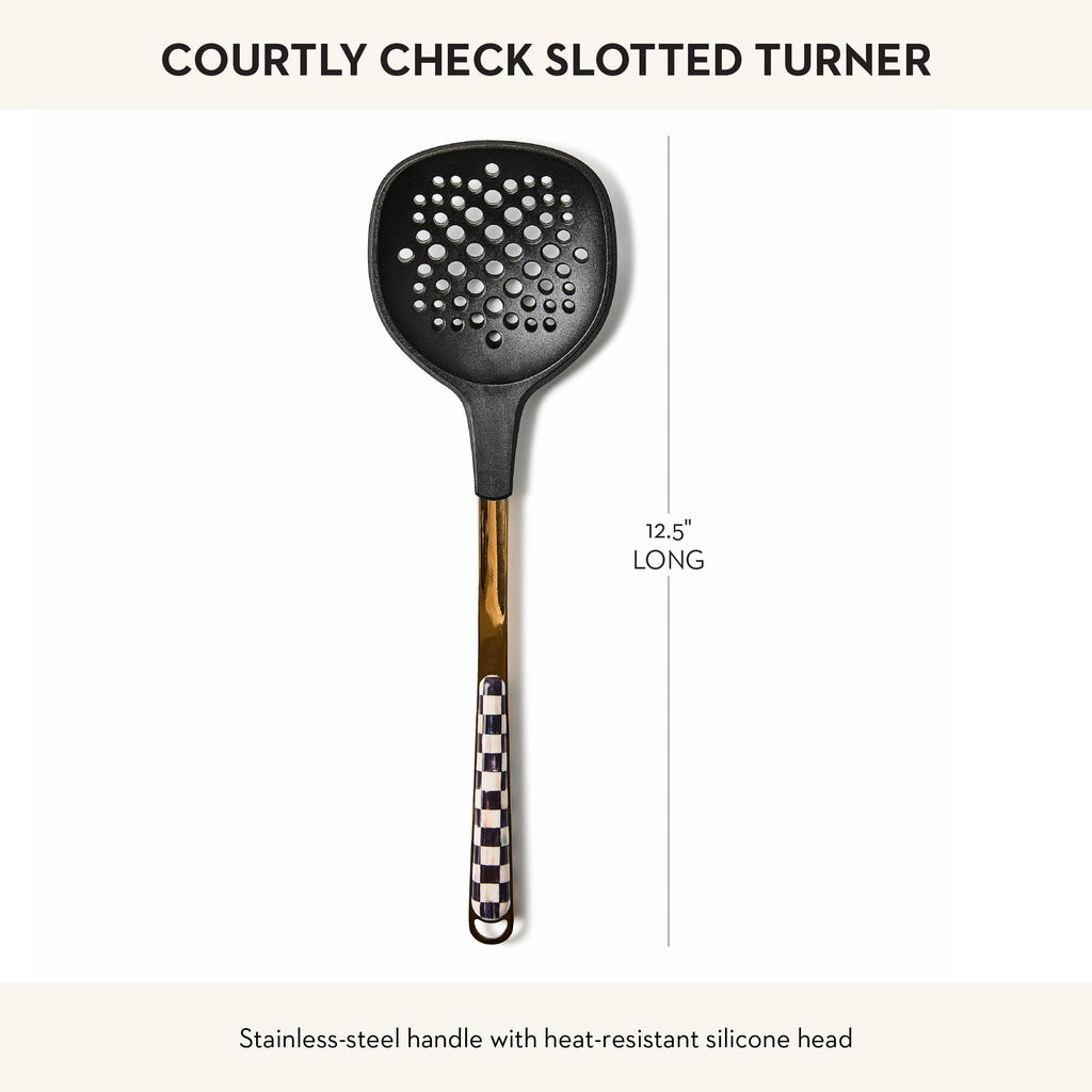 MACKENZIE-CHILDS Slotted Spoon, Silicone Turner for Cooking, Black-and-White Courtly Check